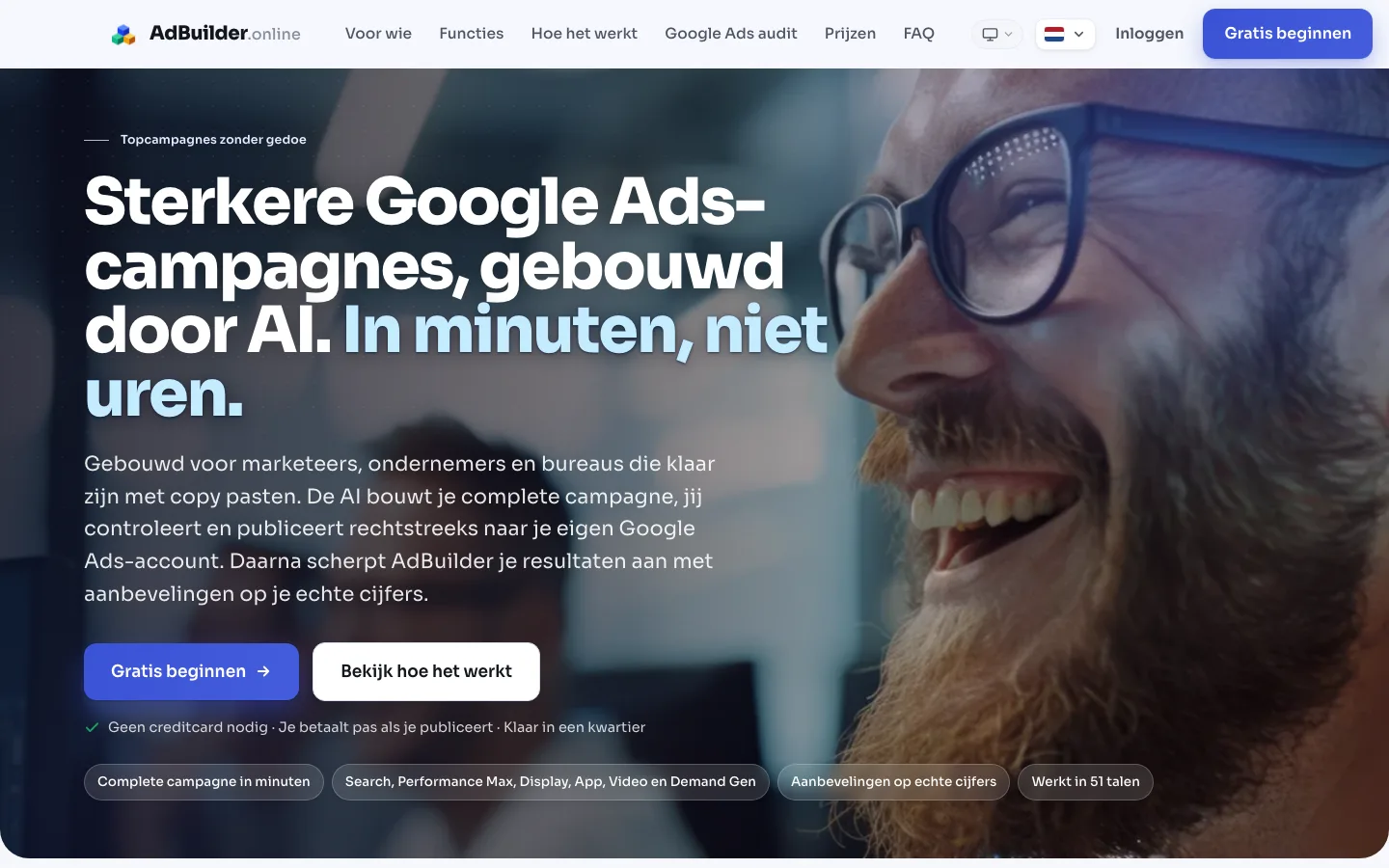 Screenshot van de homepage van AdBuilder