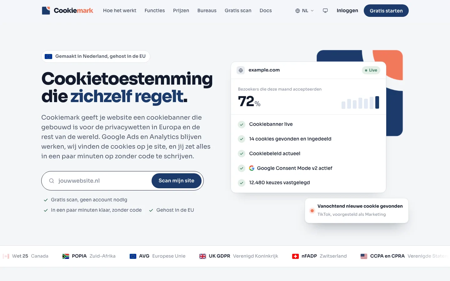 Screenshot van de homepage van Cookiemark
