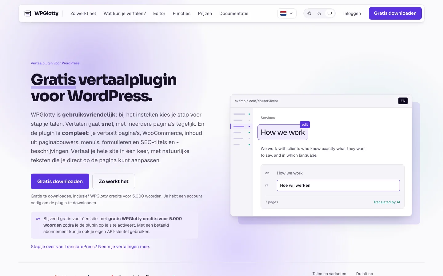 Screenshot van de homepage van WPGlotty